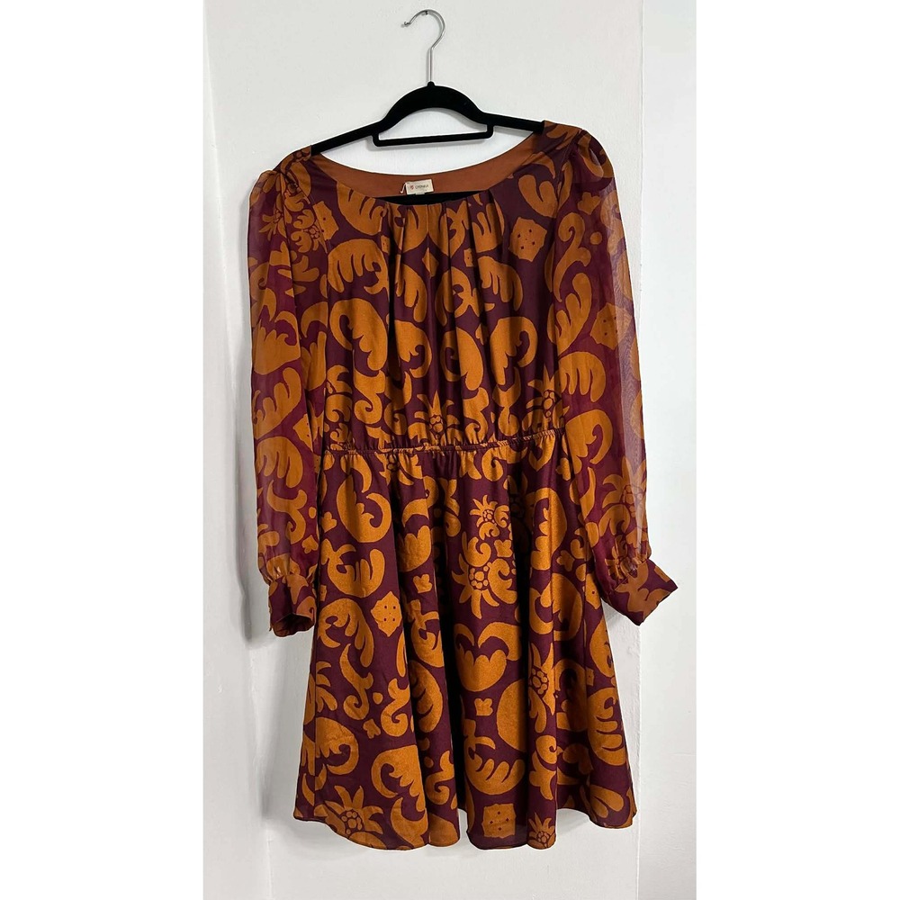 Whimsigoth Boho Batik print Dress Burgundy Mustard Womens‎ M-Cremieux